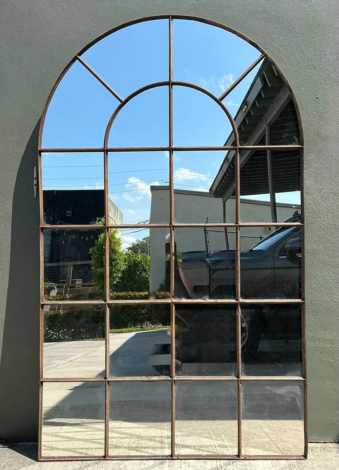 Vintage Monumental Arched Wrought Iron Mirror With Patinated Mullion Detail — additional photo 1