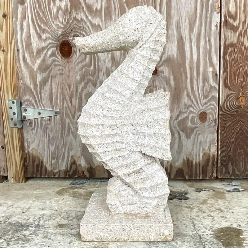 Vintage Monumental Coastal Carved Stone Sea Horse Sculpture
