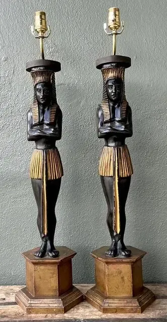 Vintage Monumental Ebonized Pharaoh Table Lamps - A Pair — additional photo 1