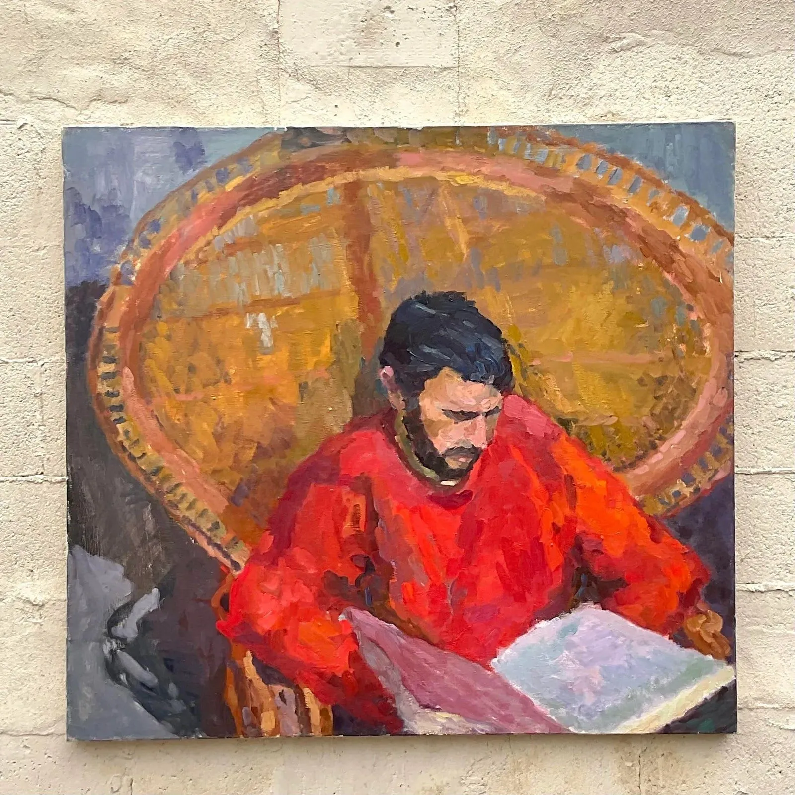 Vintage Monumental Original Signed Painting of Reading Man — additional photo 1