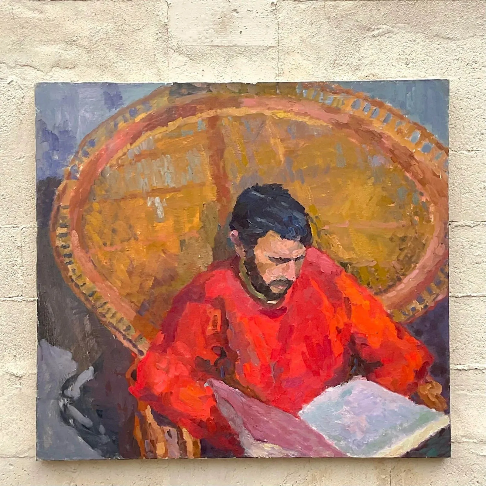 Vintage Monumental Original Signed Painting of Reading Man — additional photo 2