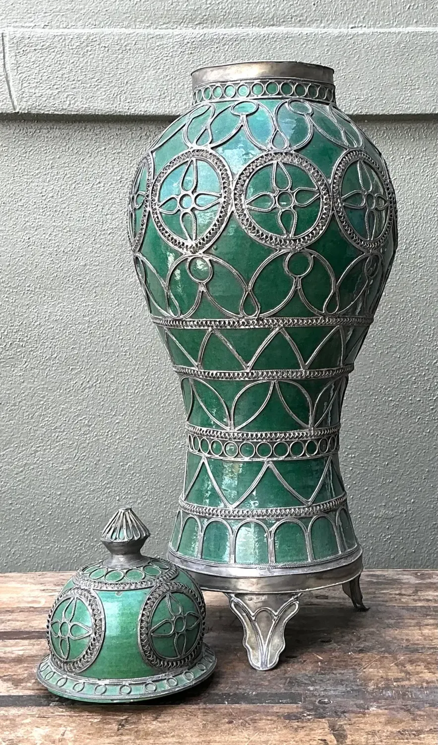 Vintage Moroccan Glazed Ceramic Lidded Urn - Ceramic, 12W x 31H — additional photo 2