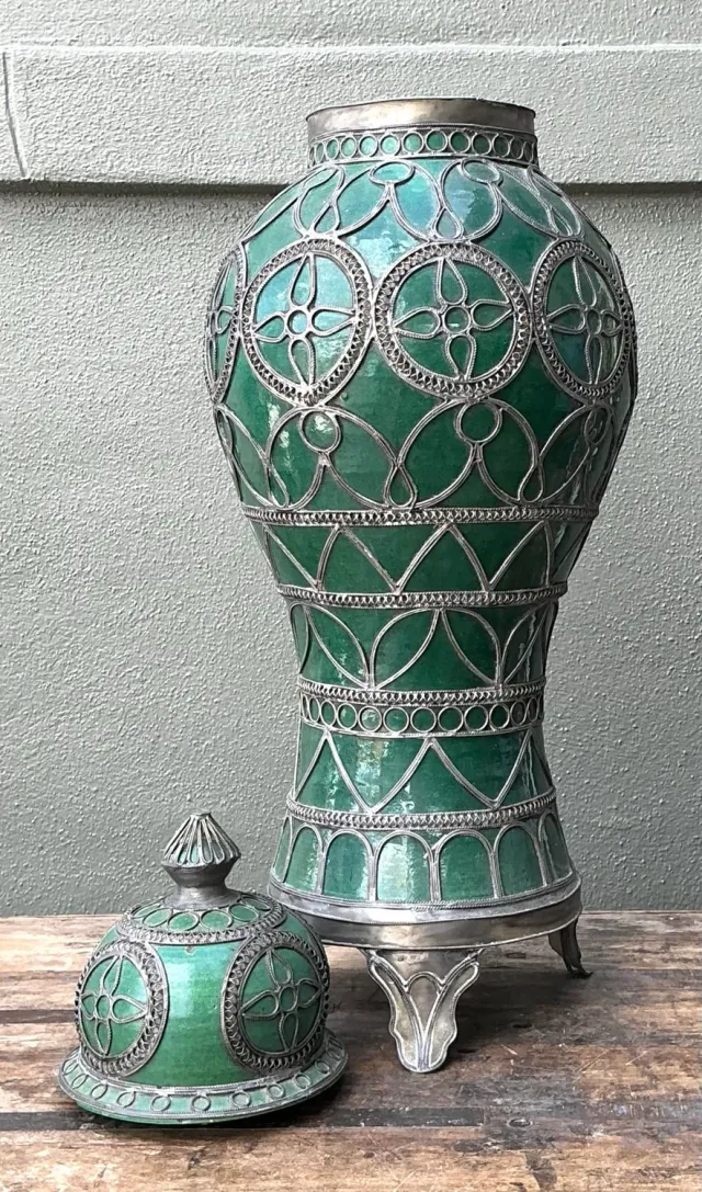 Vintage Moroccan Glazed Ceramic Lidded Urn - Ceramic, 12W x 31H — additional photo 3