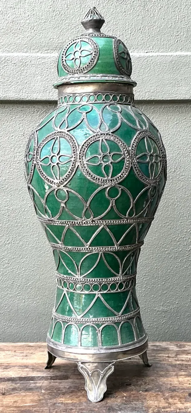 Vintage Moroccan Glazed Ceramic Lidded Urn - Ceramic, 12W x 31H — additional photo 4