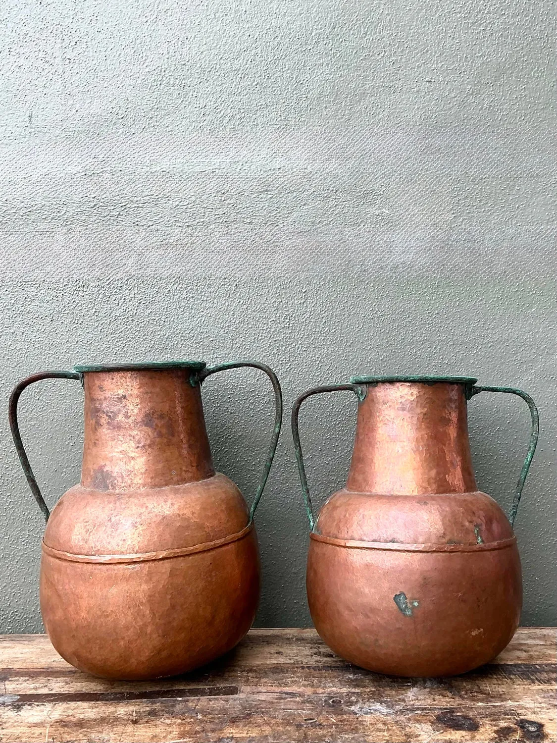Vintage Moroccan Patinated Hammered Copper Water Jugs - A Pair — additional photo 2
