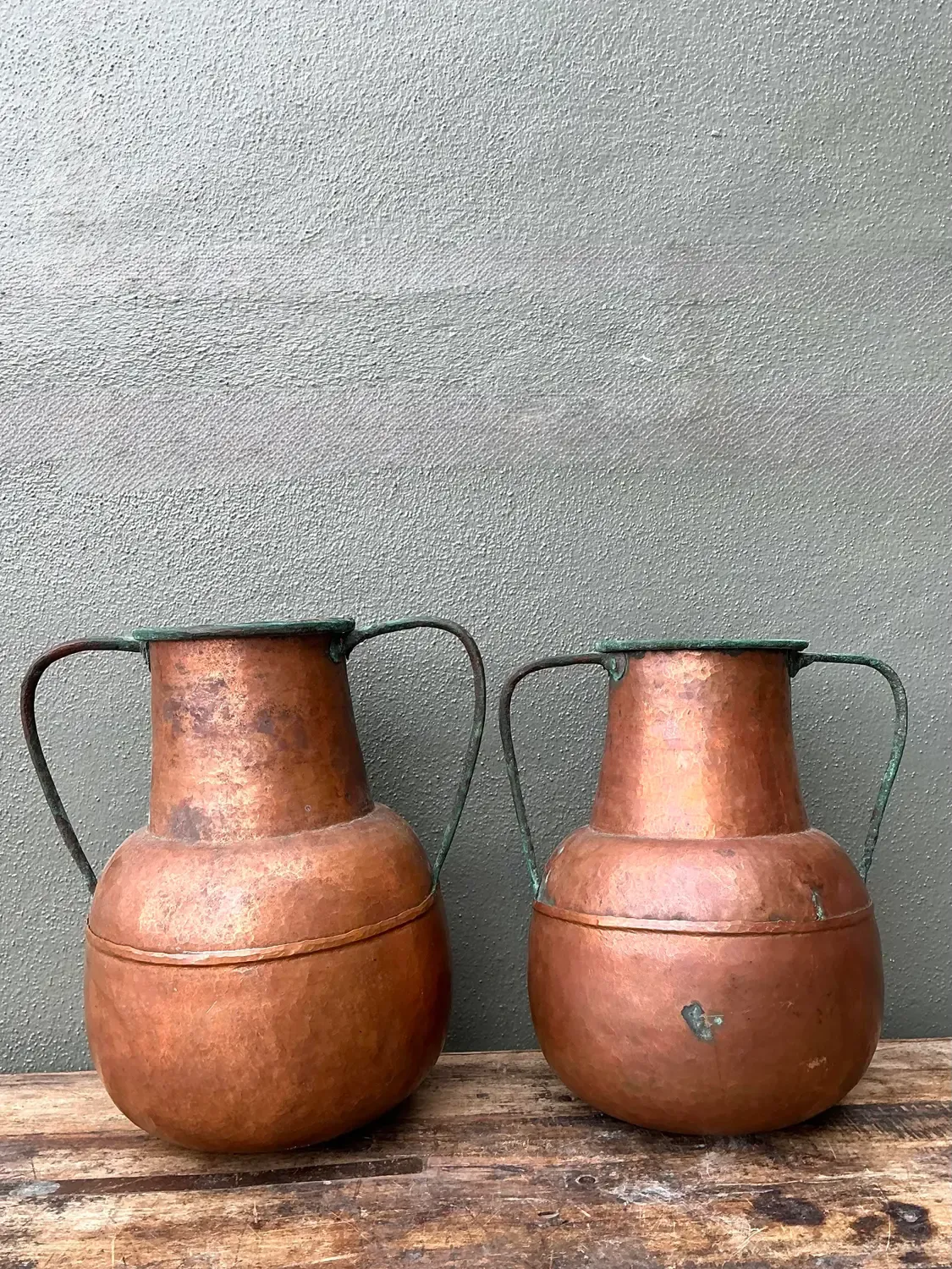 Vintage Moroccan Patinated Hammered Copper Water Jugs - A Pair — additional photo 3