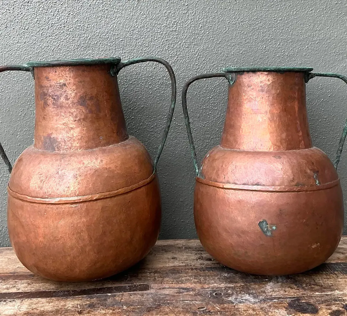 Vintage Moroccan Patinated Hammered Copper Water Jugs - A Pair — additional photo 6