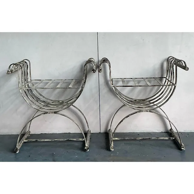 Vintage Neoclassical Patinated Curule Bench - A Pair — additional photo 2