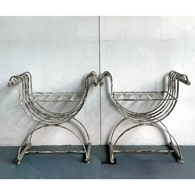 Vintage Neoclassical Patinated Curule Bench - A Pair — additional photo 6