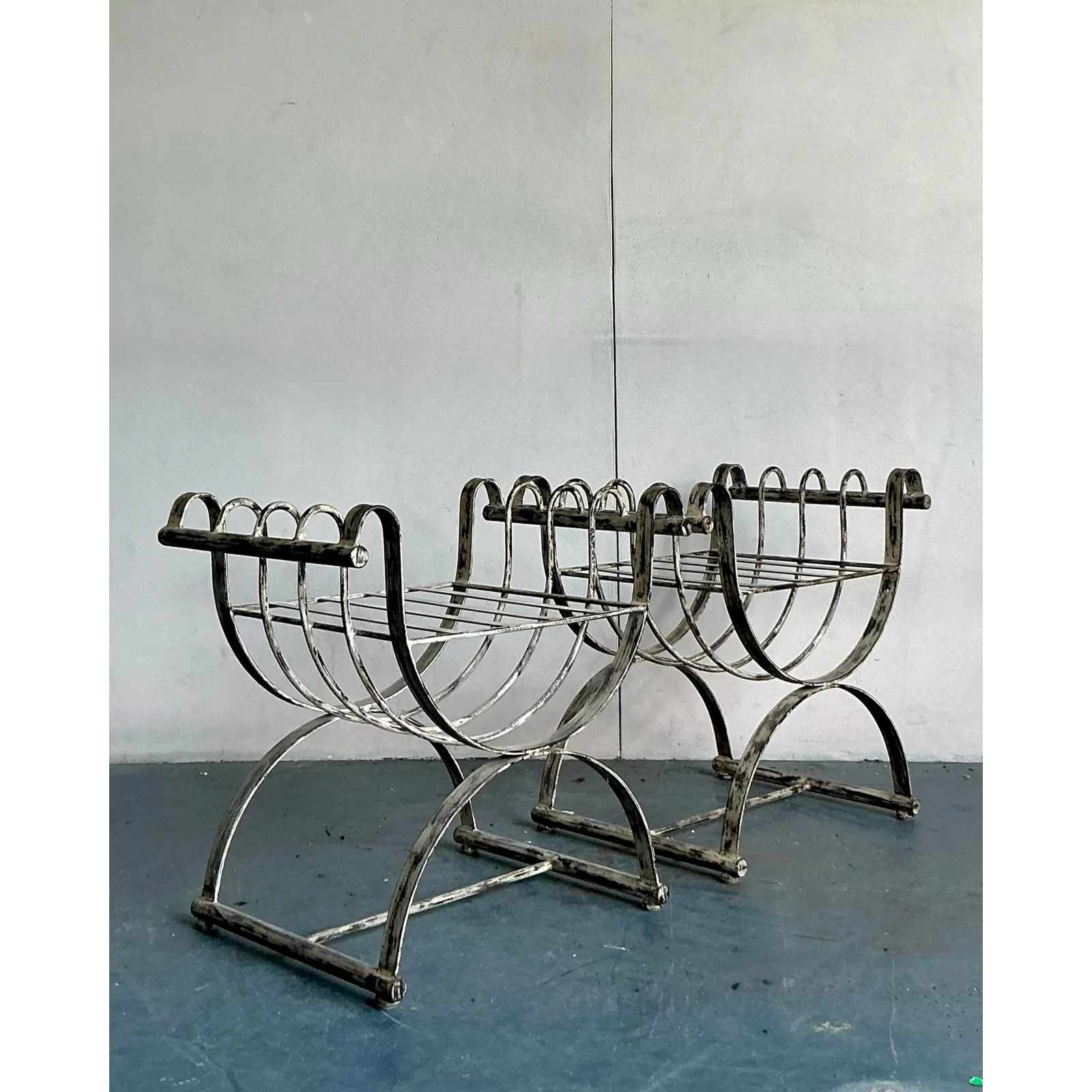 Vintage Neoclassical Patinated Curule Bench - A Pair — additional photo 7