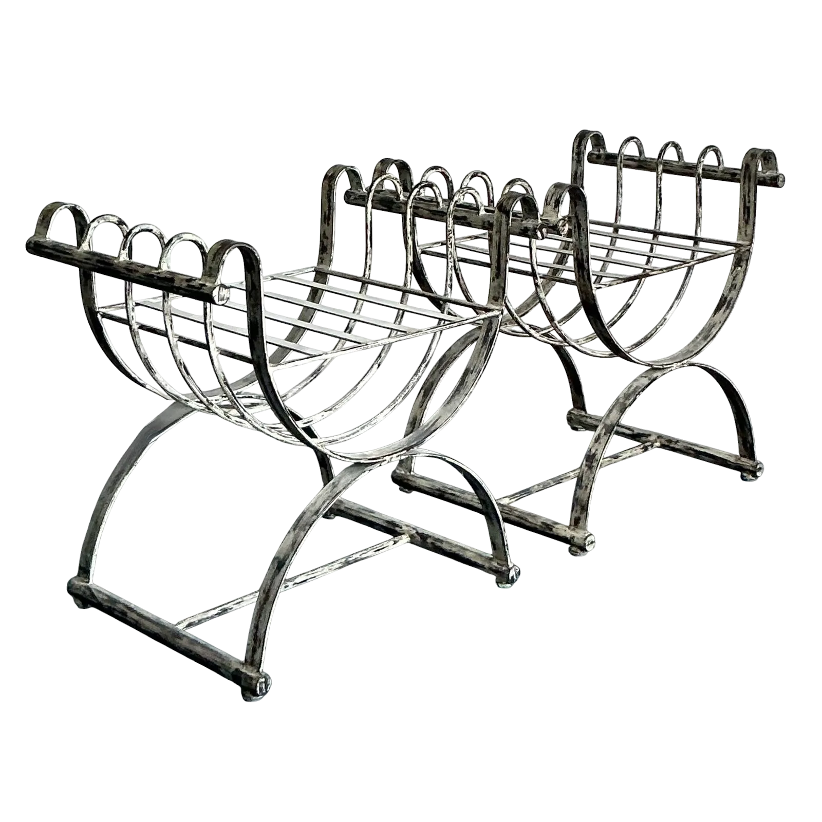 Vintage Neoclassical Patinated Curule Bench - A Pair