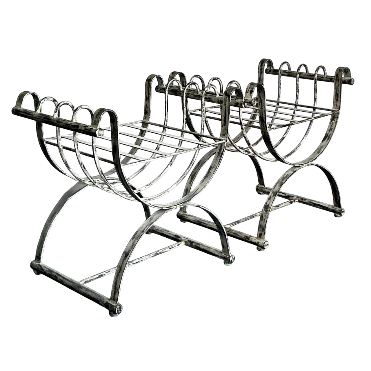 Vintage Neoclassical Patinated Curule Bench - A Pair