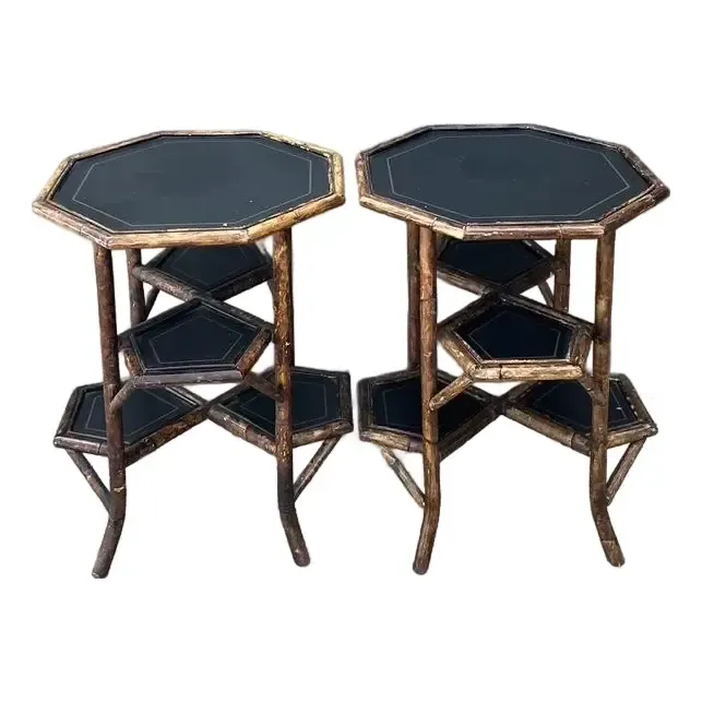 Vintage Octagon Burnt Bamboo Side Tables - A Pair