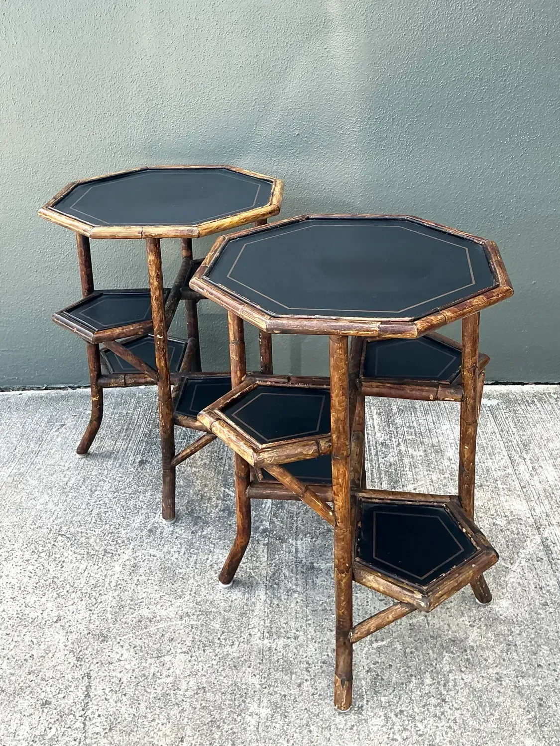 Vintage Octagon Burnt Bamboo Side Tables - A Pair — additional photo 2