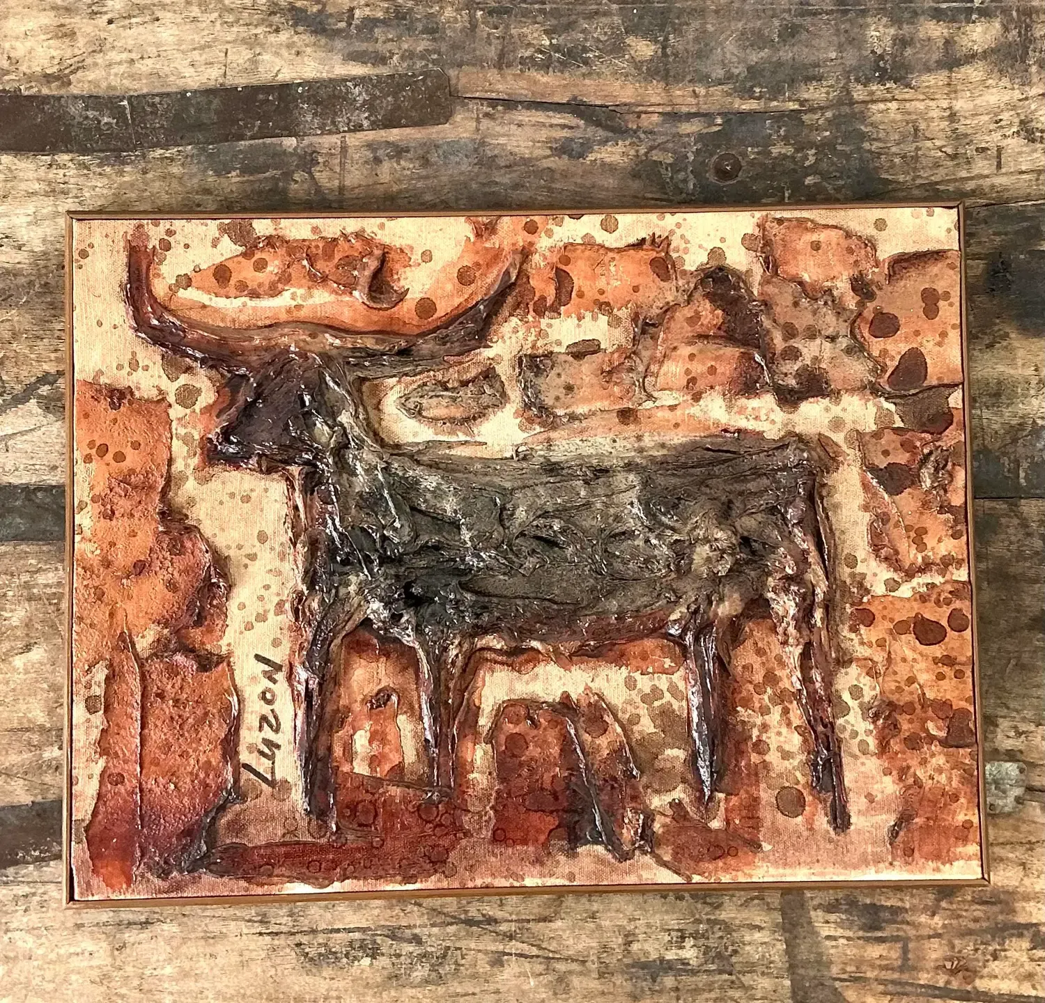 Vintage Original Mixed Media Bull on Canvas — additional photo 2