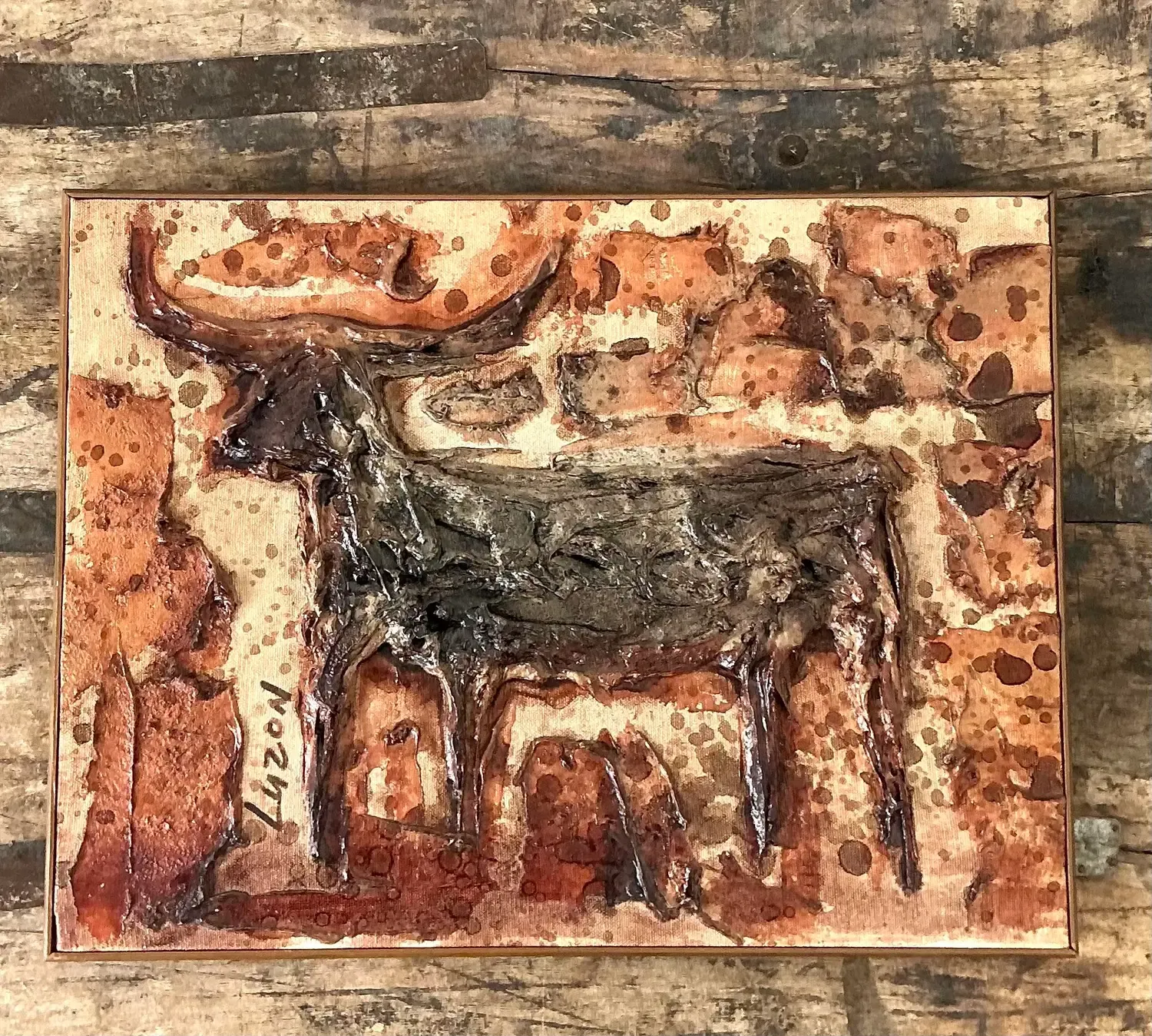 Vintage Original Mixed Media Bull on Canvas — additional photo 3