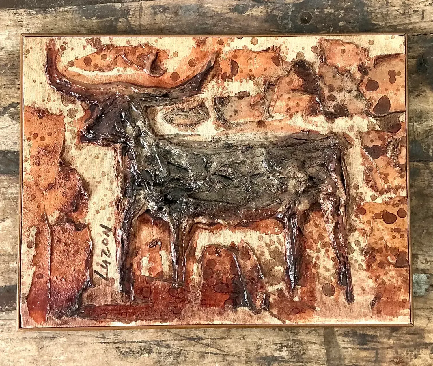Vintage Original Mixed Media Bull on Canvas — additional photo 4