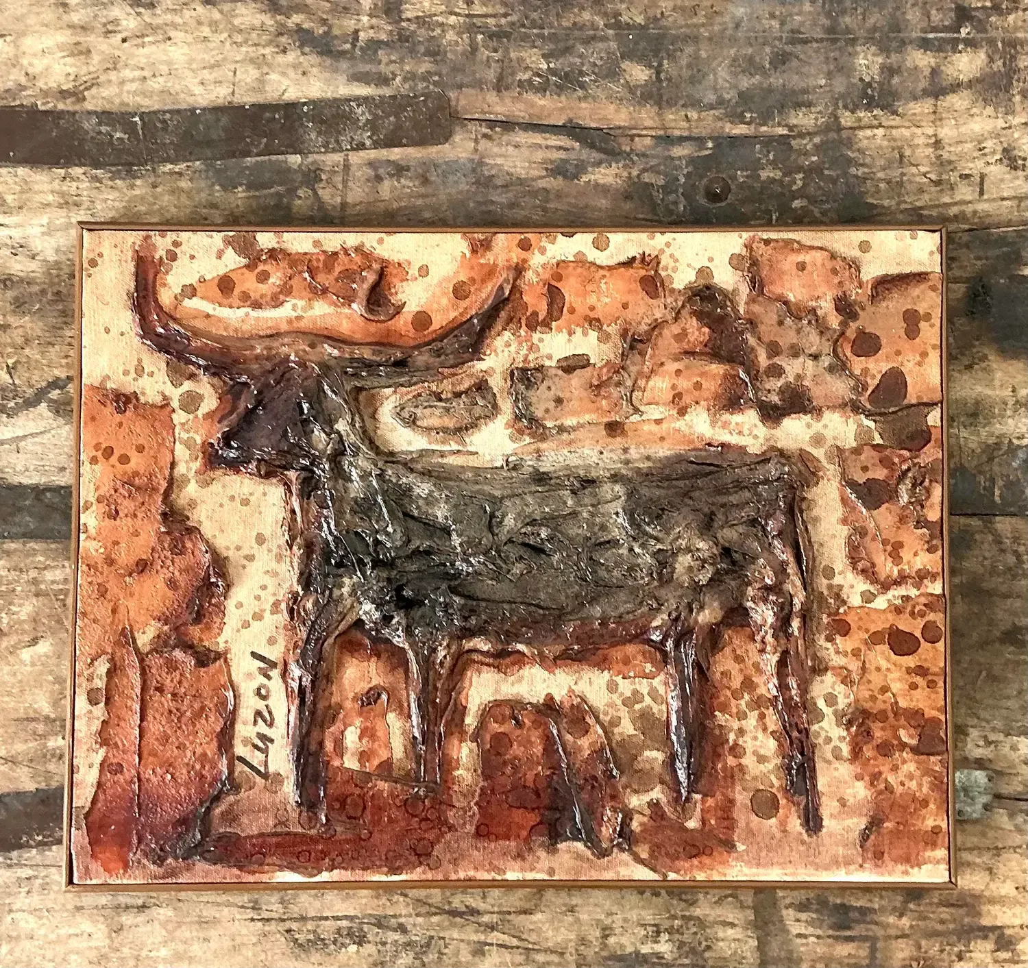 Vintage Original Mixed Media Bull on Canvas — additional photo 5