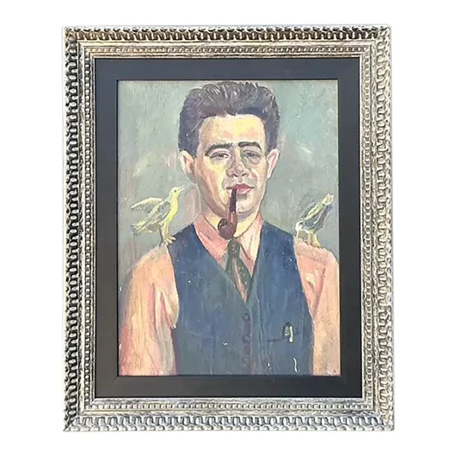 Vintage Original Oil Portrait of Man With Birds — additional photo 1