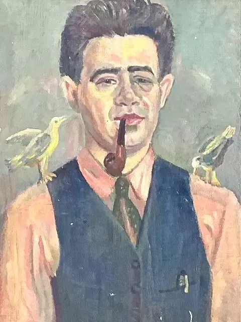 Vintage Original Oil Portrait of Man With Birds — additional photo 3
