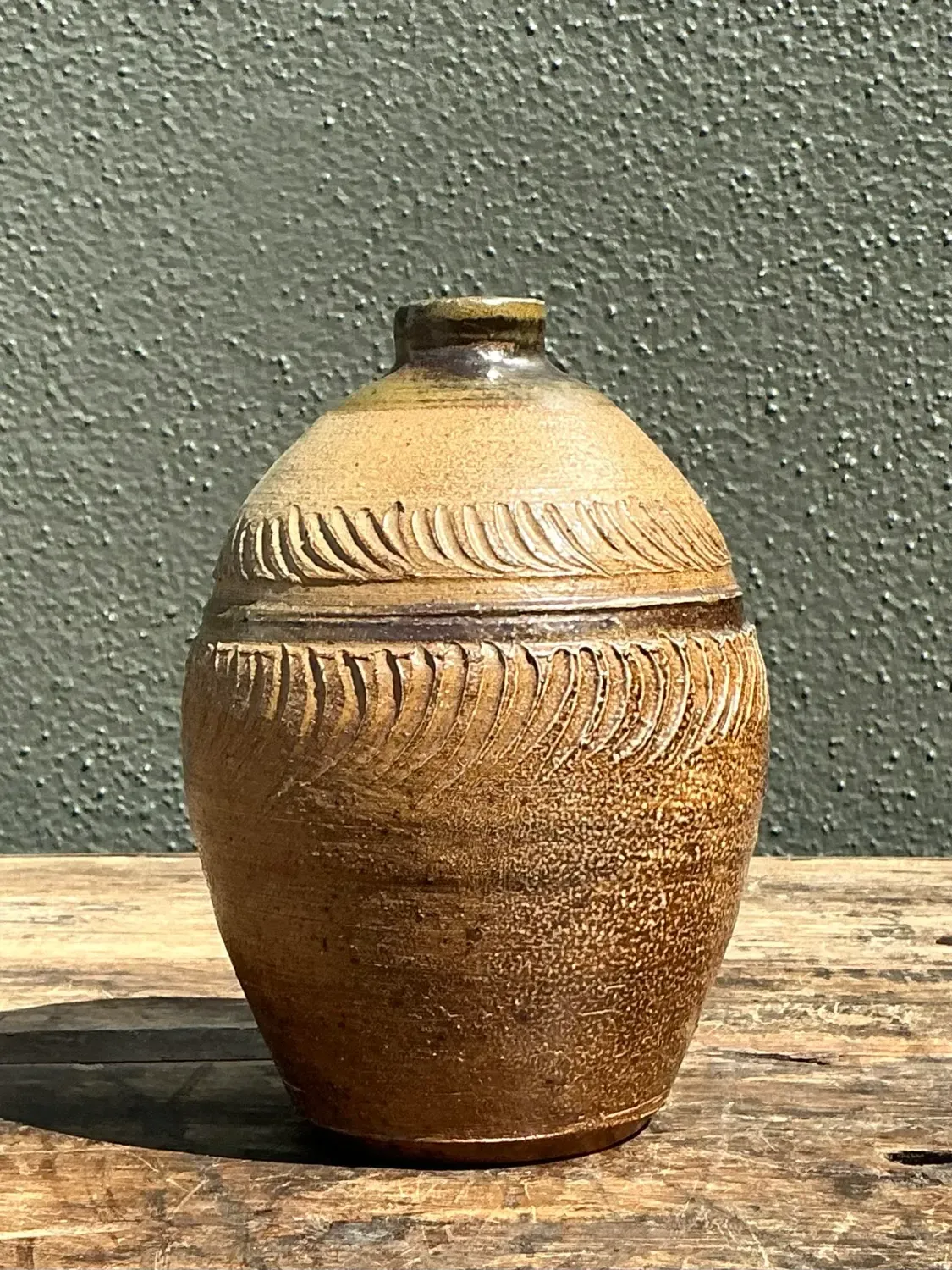 Vintage Original Studio Pottery Ribbed Vase - Pottery, 5.75W x 14H — additional photo 3