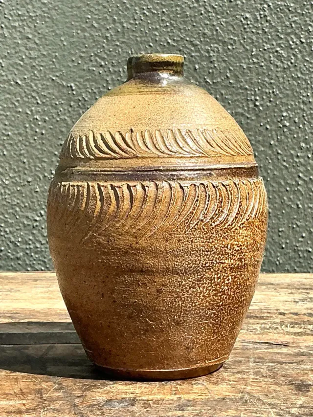 Vintage Original Studio Pottery Ribbed Vase - Pottery, 5.75W x 14H — additional photo 4