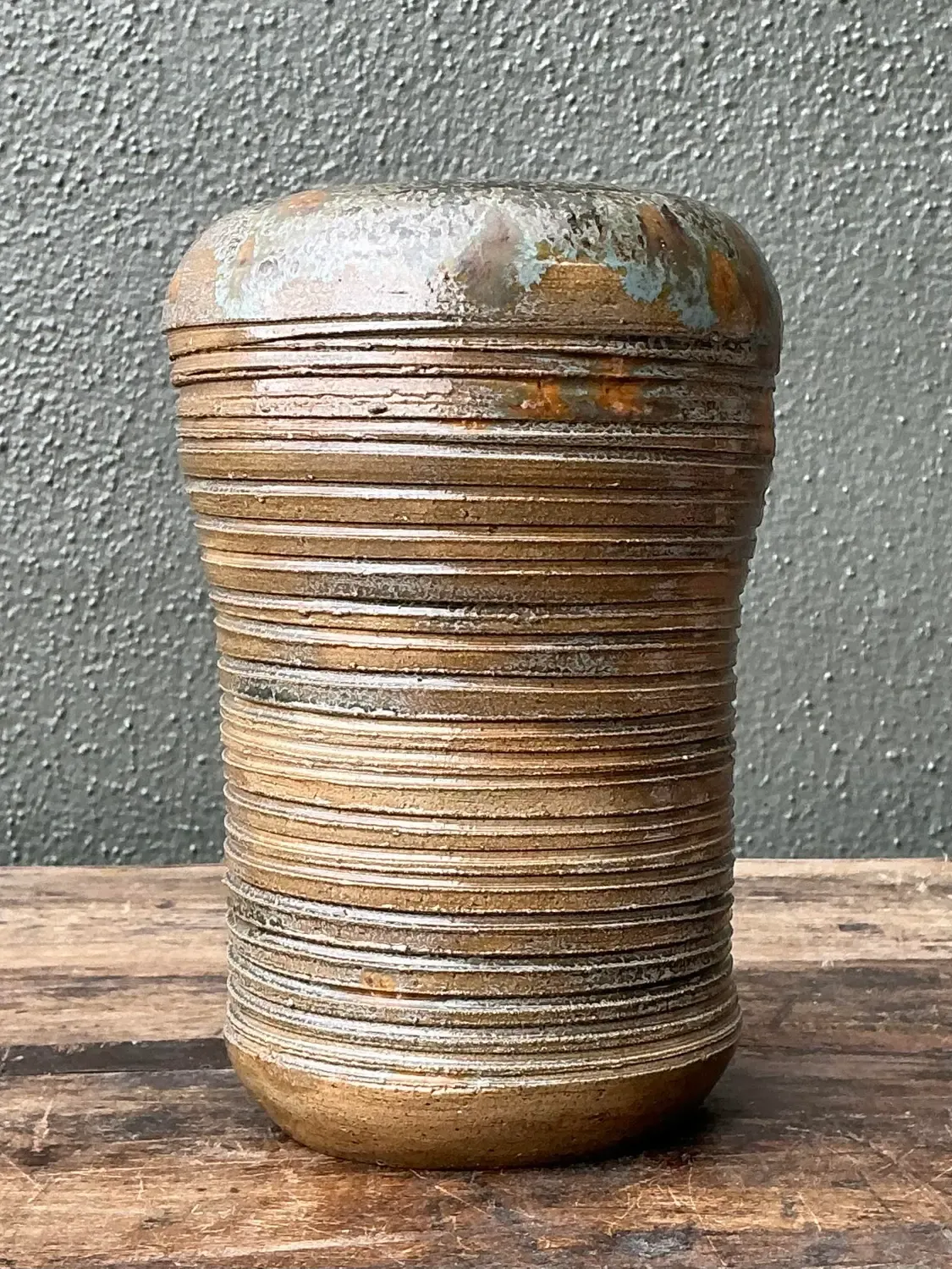 Vintage Original Studio Pottery Ribbed Vase - Pottery, 4.75W x 7.25H — additional photo 1