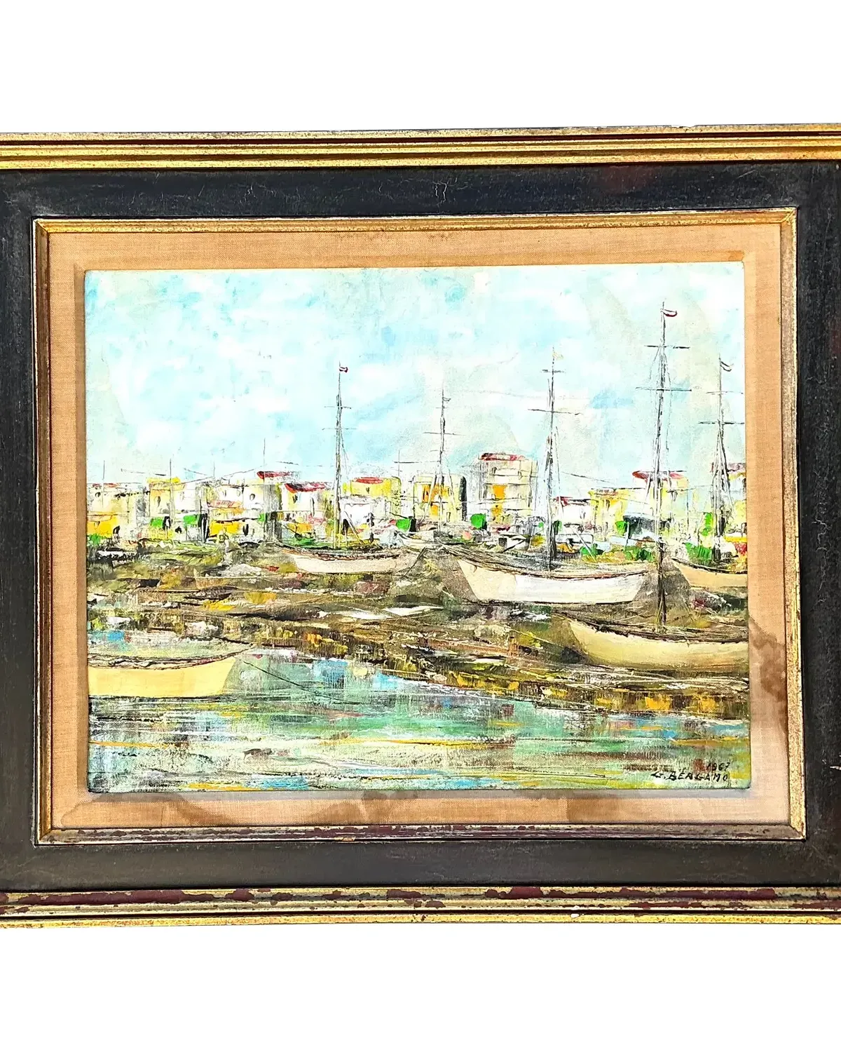 Vintage Original Waterfront Original Oil Painting on Canvas