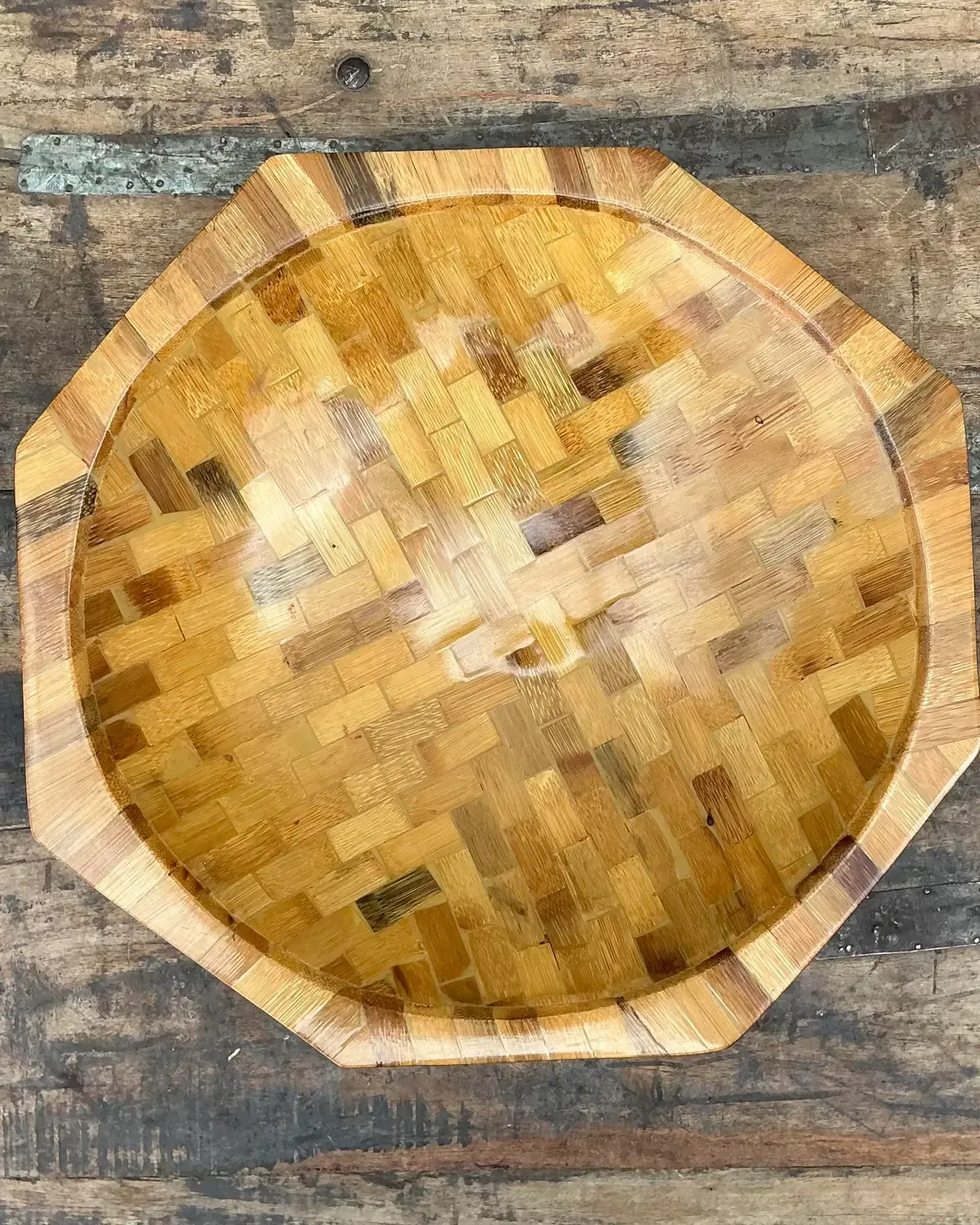 Vintage Parquet Rattan Wood Bowl - Detail view
