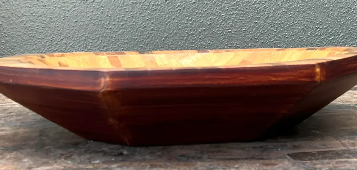 Vintage Parquet Rattan Wood Bowl - Side view