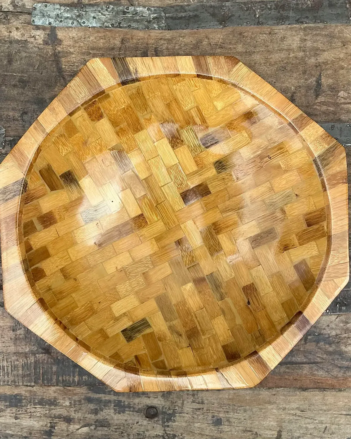 Vintage Parquet Rattan Wood Bowl - Back view
