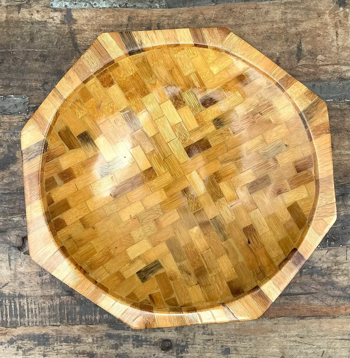 Vintage Parquet Rattan Wood Bowl — additional photo 5