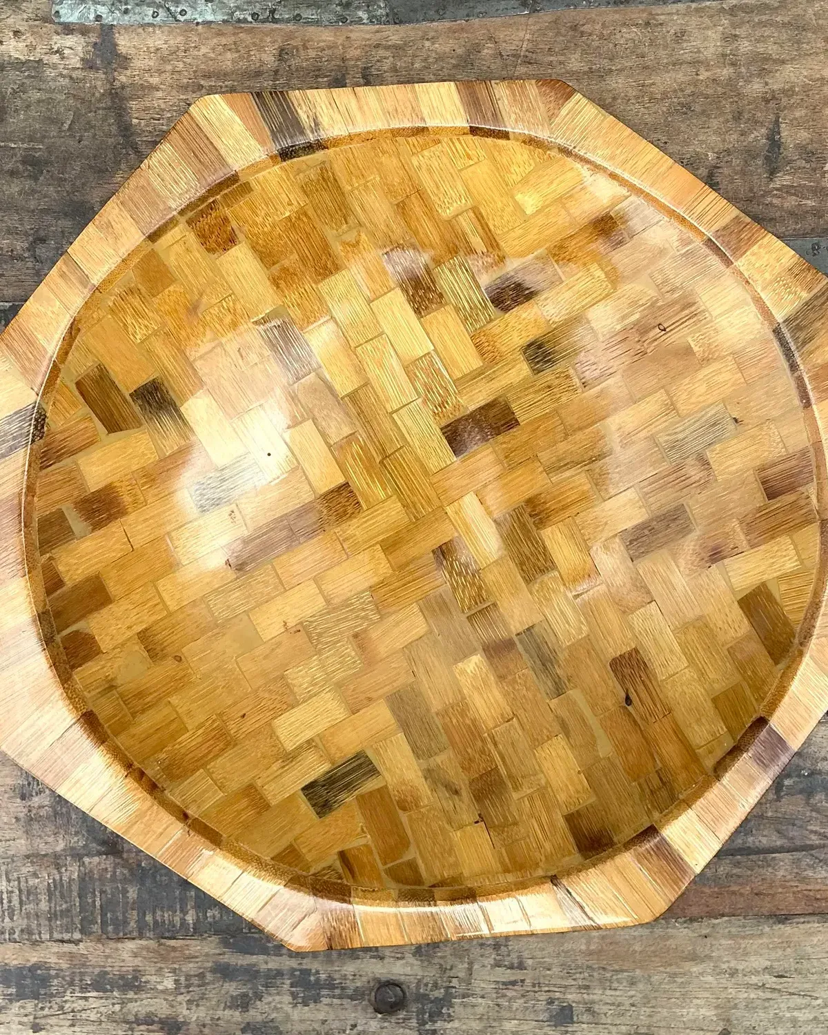 Vintage Parquet Rattan Wood Bowl - Top view