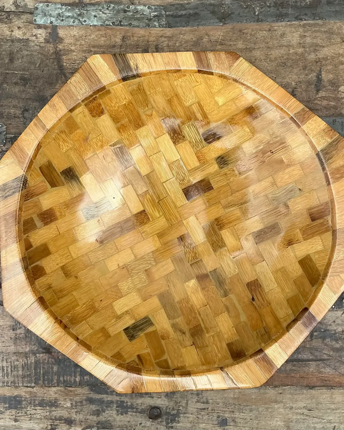 Vintage Parquet Rattan Wood Bowl - Angle view