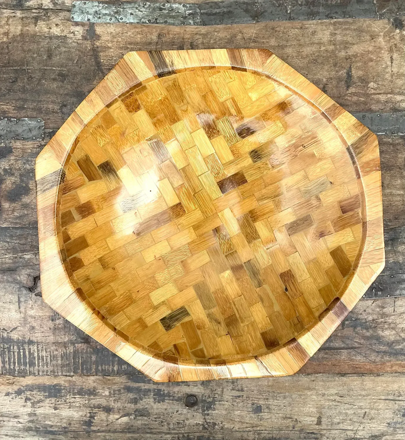 Vintage Parquet Rattan Wood Bowl — additional photo 7