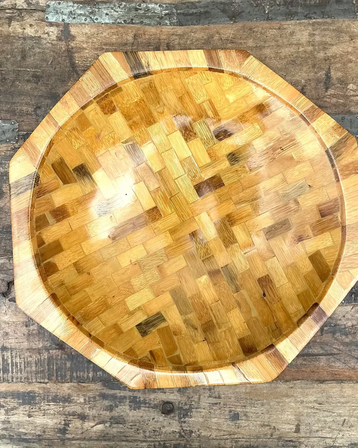Vintage Parquet Rattan Wood Bowl - Close-up view
