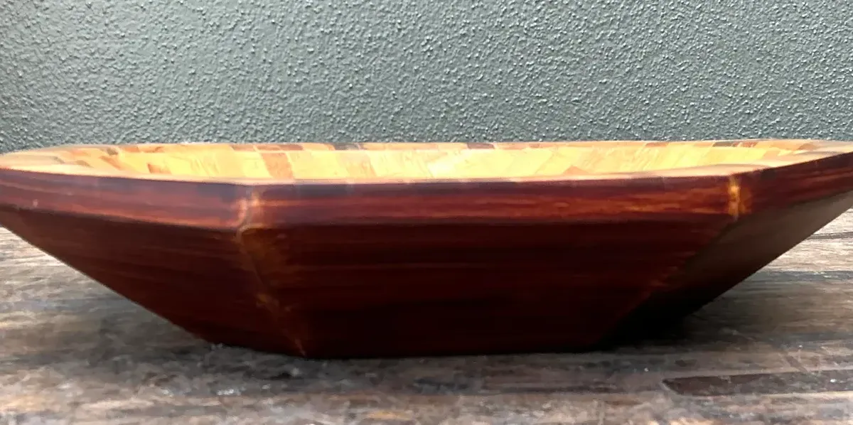 Vintage Parquet Rattan Wood Bowl - Interior view