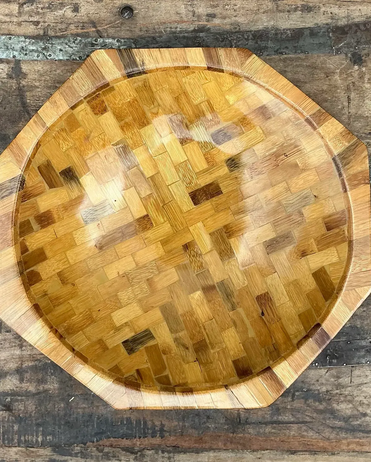 Vintage Parquet Rattan Wood Bowl - Bottom view