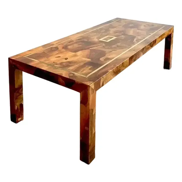 Vintage Patchwork Olive Burl Wood Extendable Dining Table