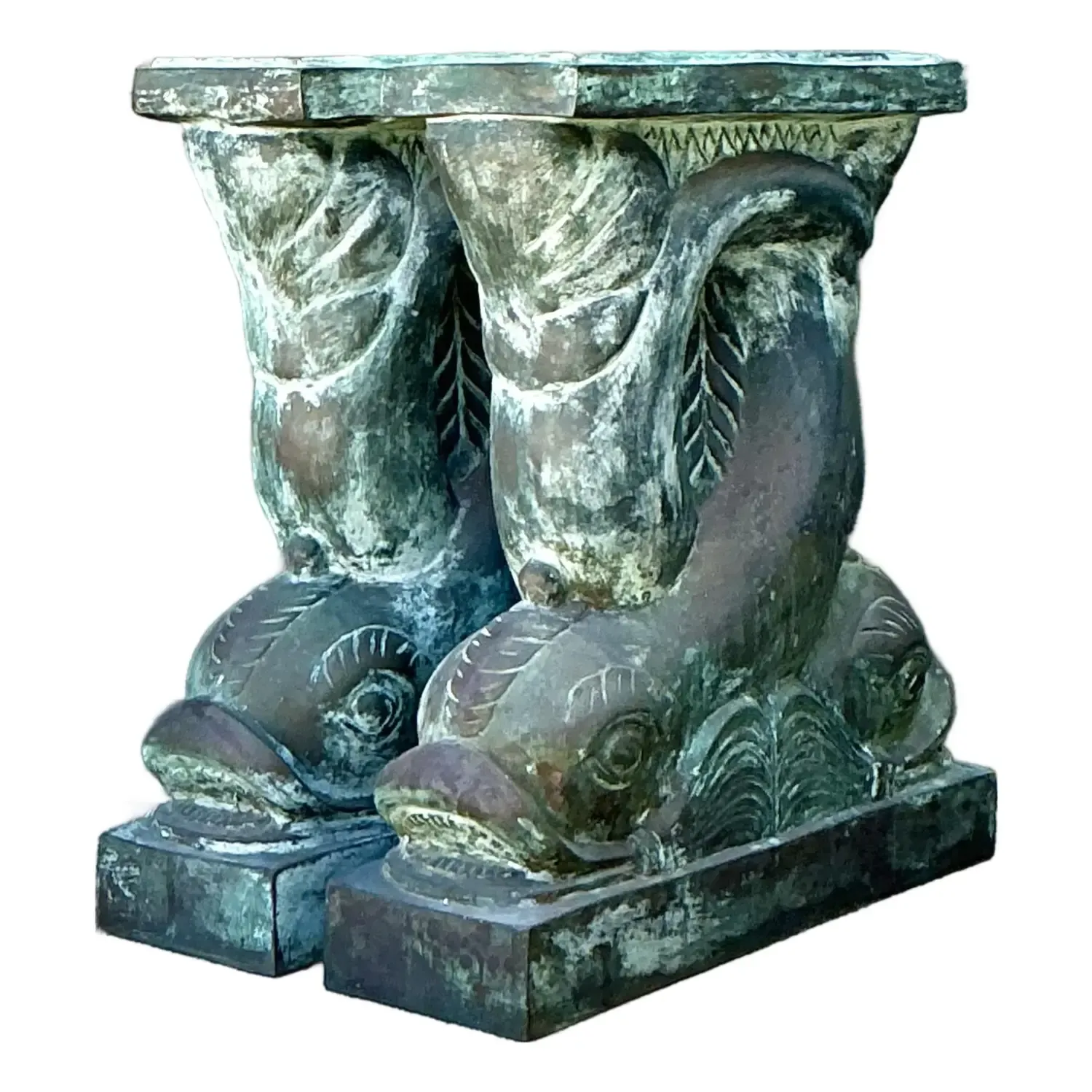 Vintage Patinated Bronze Dolphin Table Pedestals - A Pair