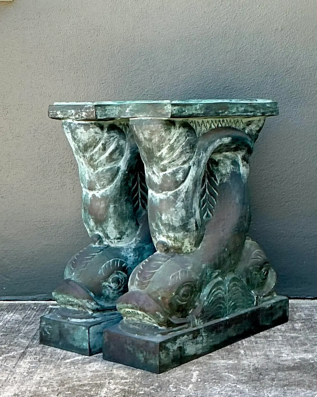 Vintage Patinated Bronze Dolphin Table Pedestals - A Pair — additional photo 2
