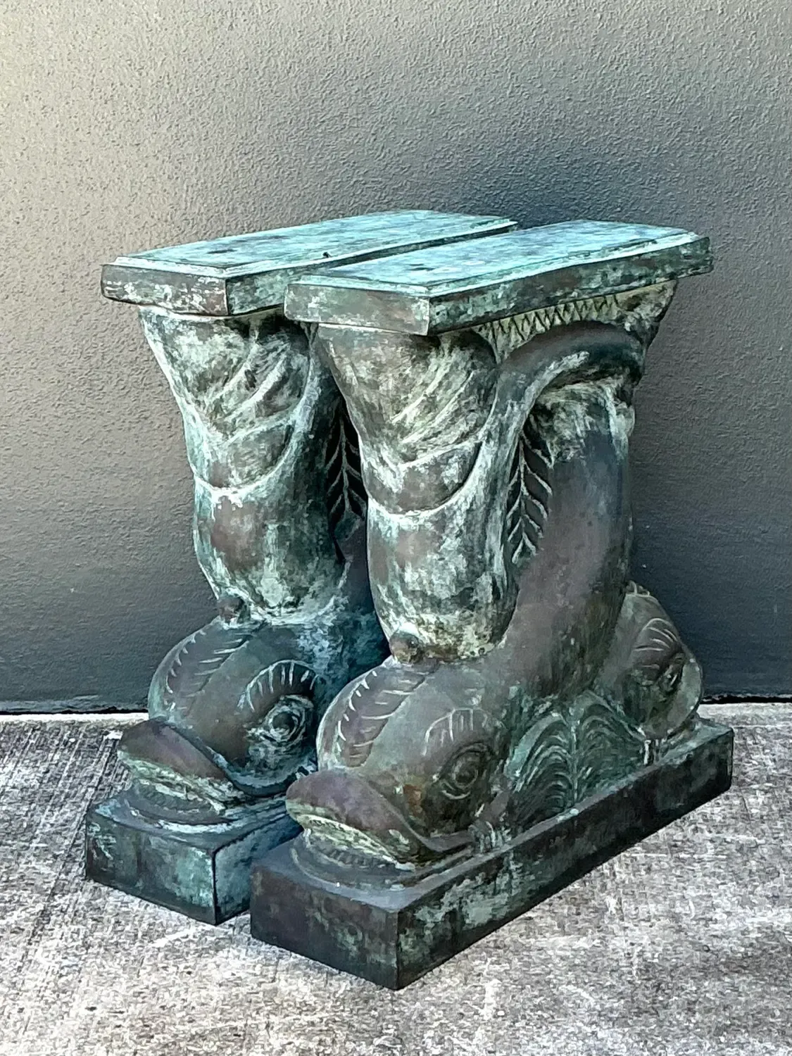 Vintage Patinated Bronze Dolphin Table Pedestals - A Pair — additional photo 4