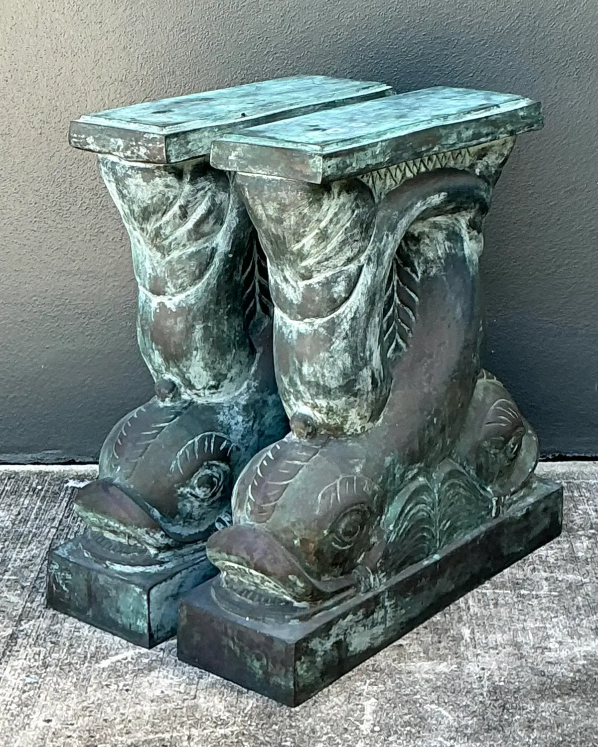 Vintage Patinated Bronze Dolphin Table Pedestals - A Pair — additional photo 5