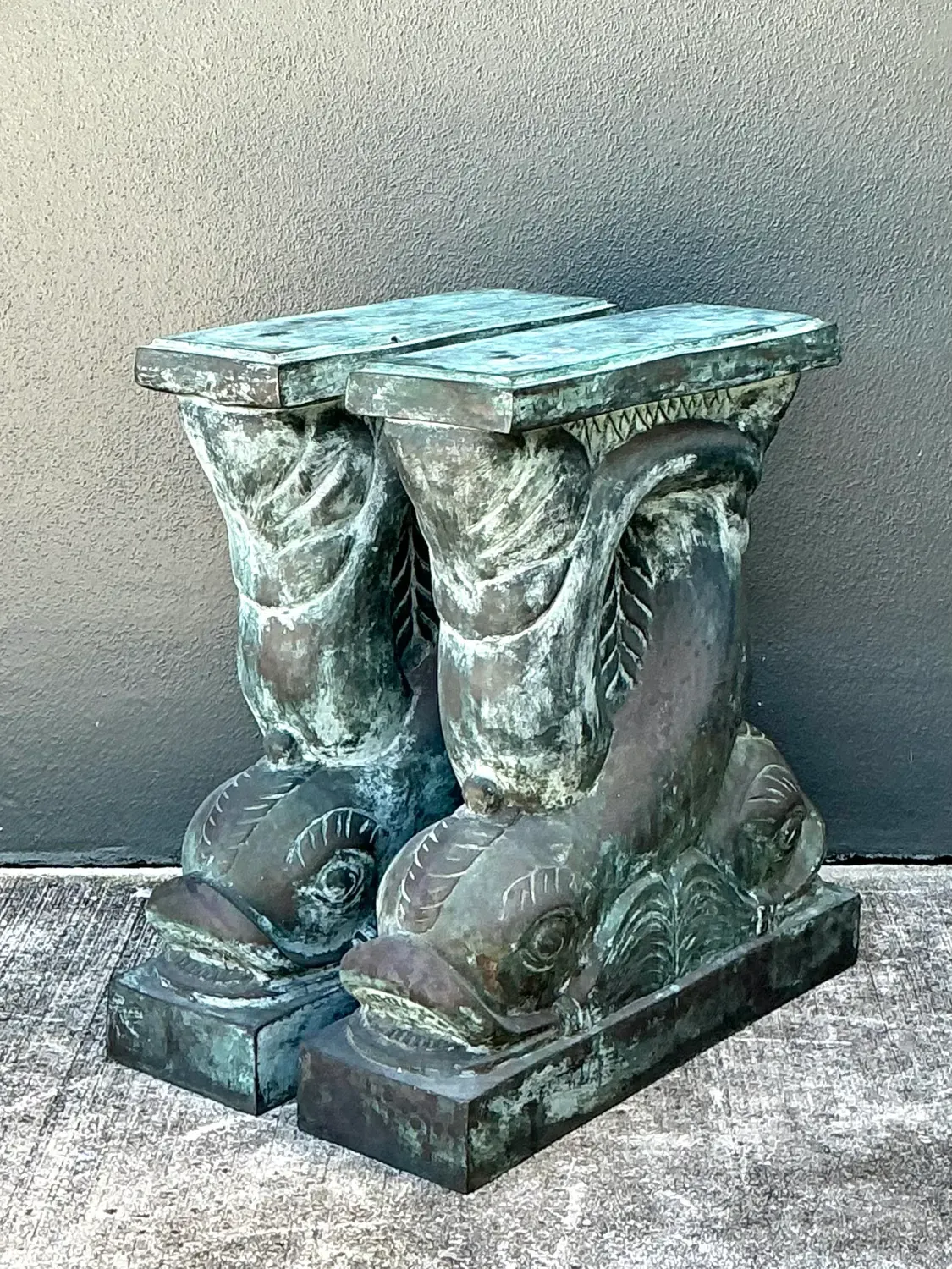 Vintage Patinated Bronze Dolphin Table Pedestals - A Pair — additional photo 6