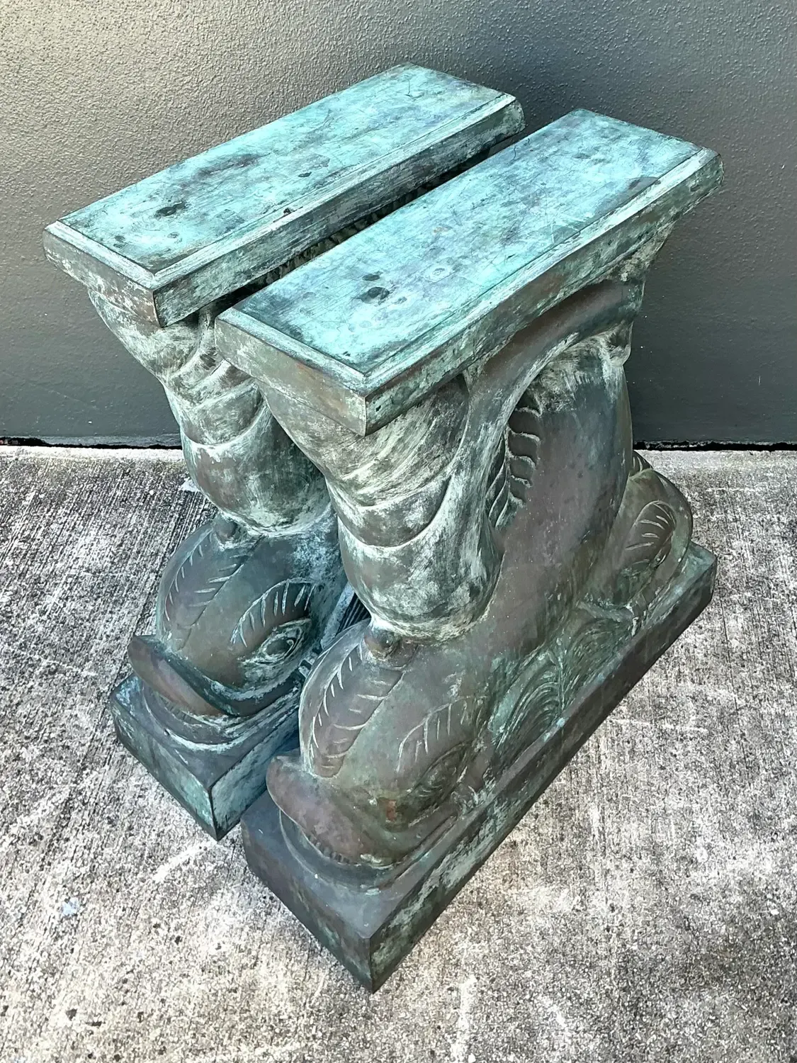 Vintage Patinated Bronze Dolphin Table Pedestals - A Pair — additional photo 7