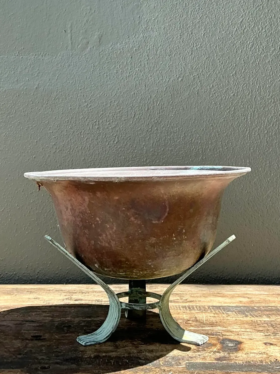 Vintage Patinated Copper Bowl on Verdigris Stand