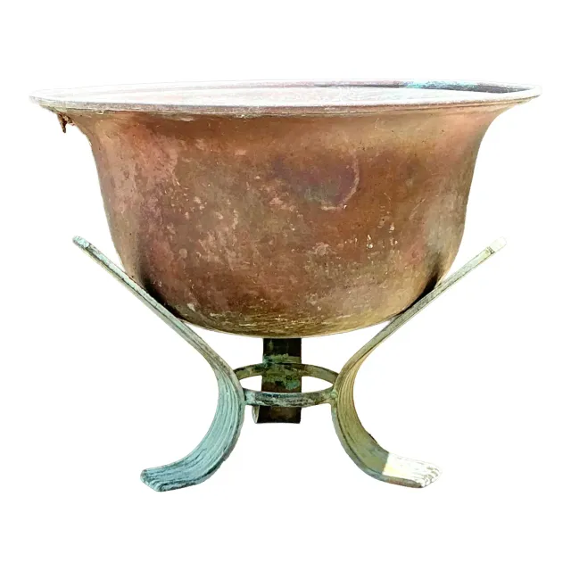Vintage Patinated Copper Bowl on Verdigris Stand — additional photo 1