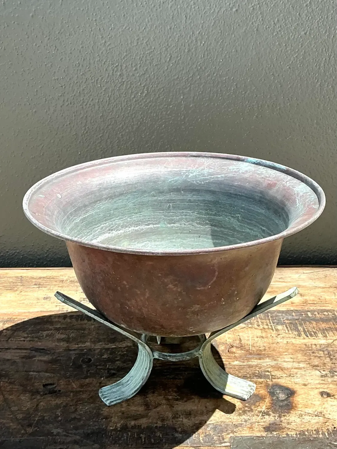 Vintage Patinated Copper Bowl on Verdigris Stand — additional photo 3