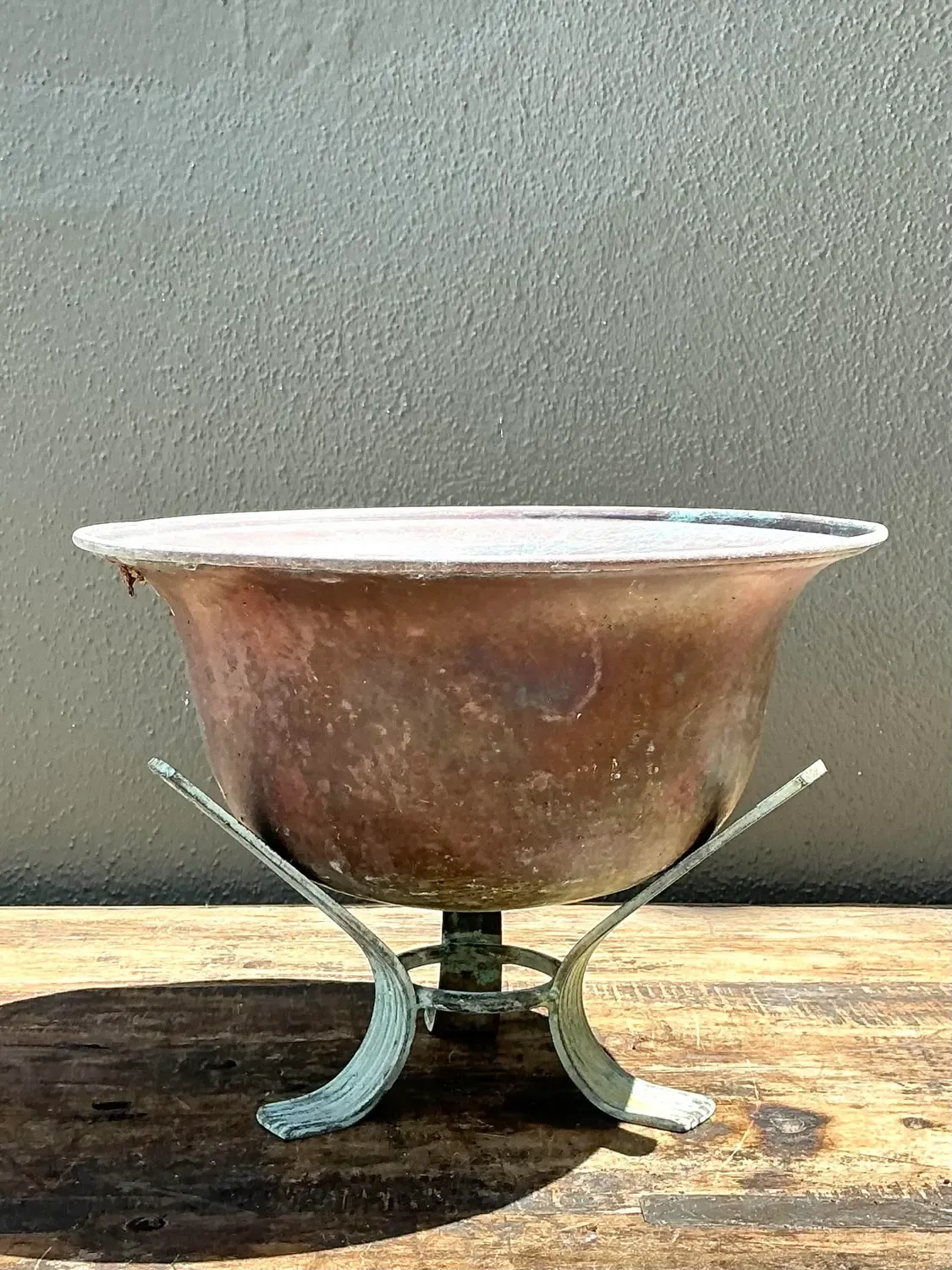 Vintage Patinated Copper Bowl on Verdigris Stand — additional photo 4
