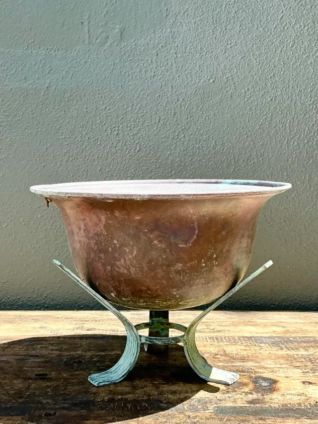 Vintage Patinated Copper Bowl on Verdigris Stand — additional photo 5